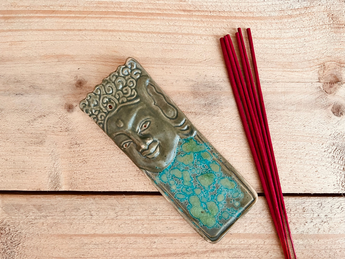 Handmade Fair Trade Ceramic Buddha Incense Holder Green Gold