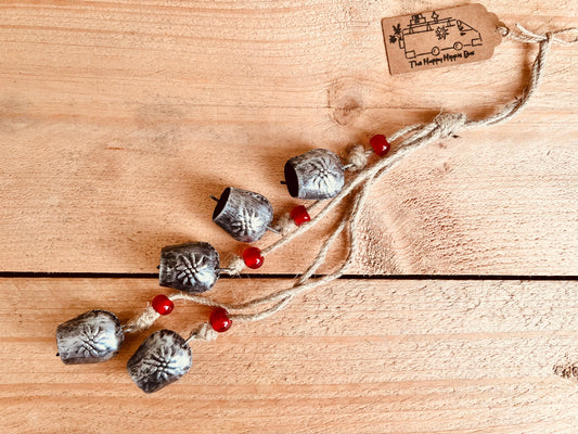 Rustic Mini cow bell Indian bells jute and bead hanging mini wind chime bells handmade fair trade ethically sourced boho hippie home decor chime bells 