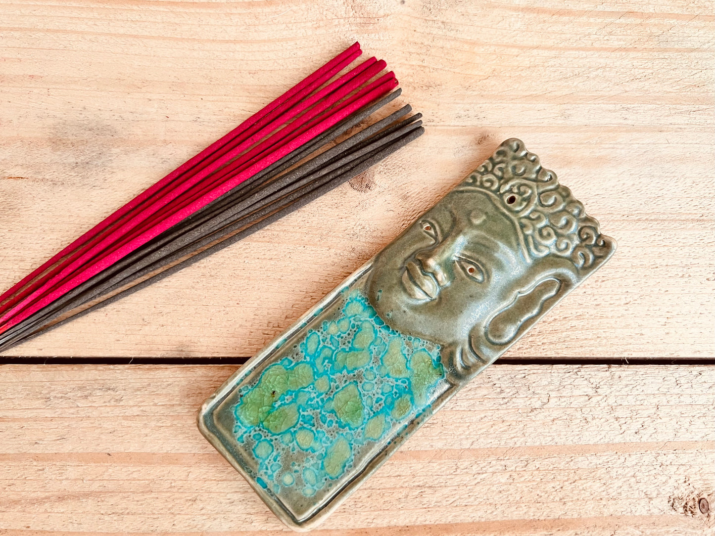 Handmade Fair Trade Ceramic Buddha Incense Holder Green Gold