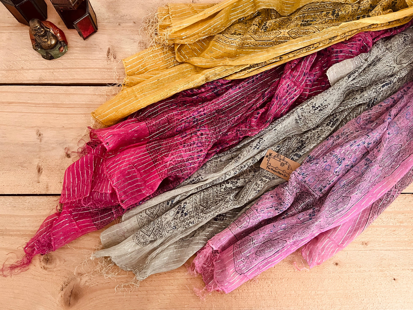 Colourful Handmade lightweight boho ethnic print scarf with silver lurex thread, soft lightweight shawl scarves with tassel edge, boho hippie chic accessories 