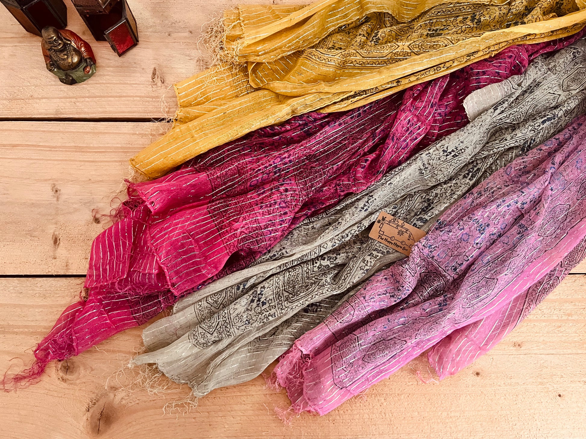Colourful Handmade lightweight boho ethnic print scarf with silver lurex thread, soft lightweight shawl scarves with tassel edge, boho hippie chic accessories 