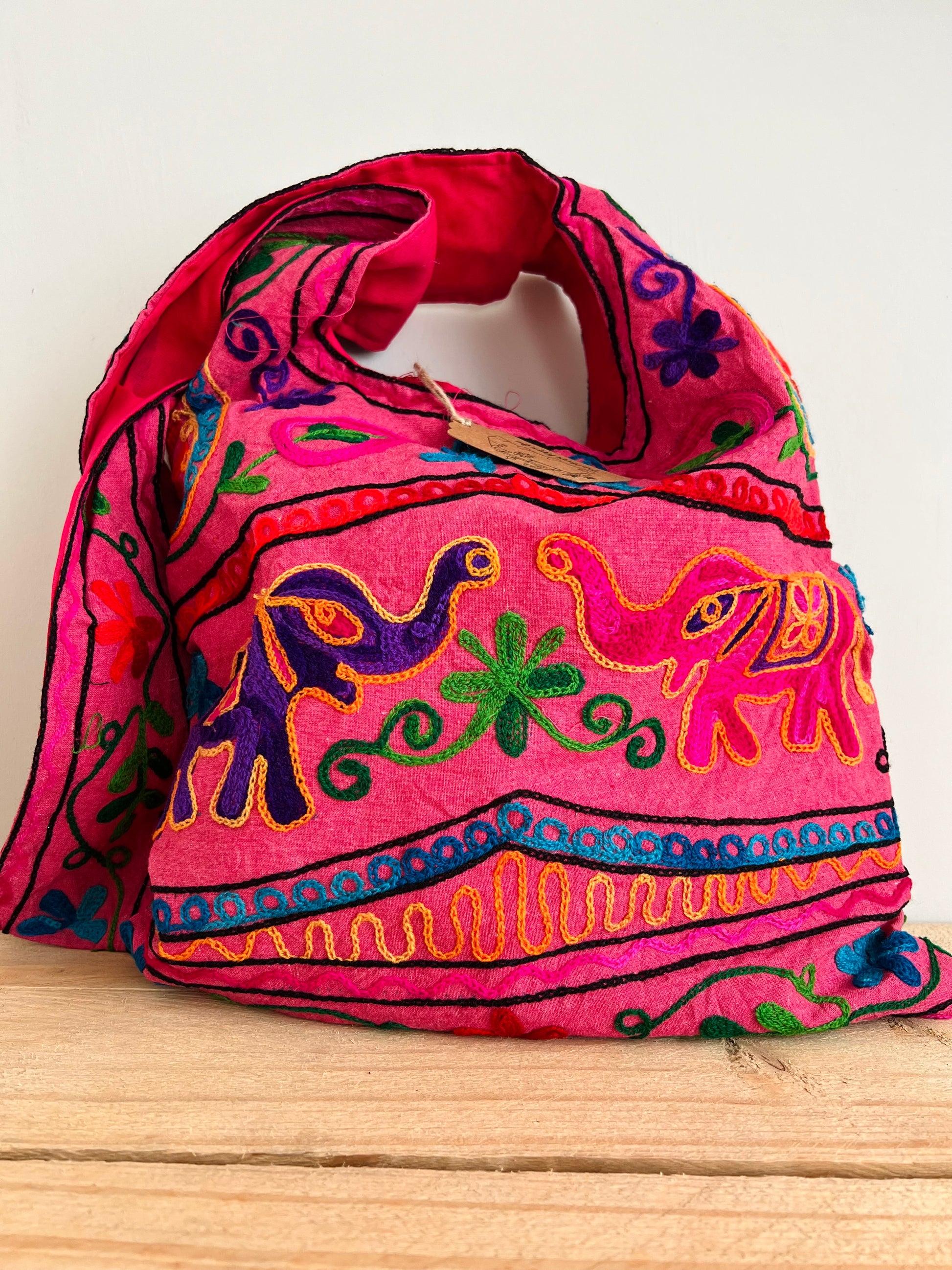 Handmade Fair Trade Elephant Embroidered Shoulder Bag Hippie Bohemian Bag Pink