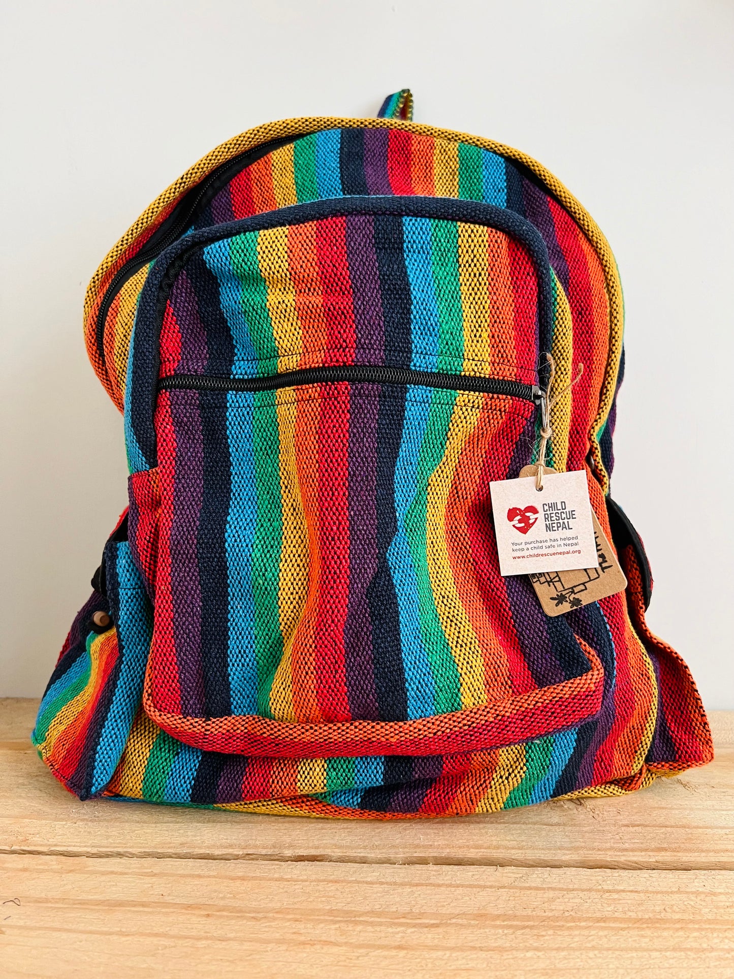 Bohemian Hippie Rainbow Stripe Backpack handmade, Fair Trade & Ethically Sourced Nepal Backpack