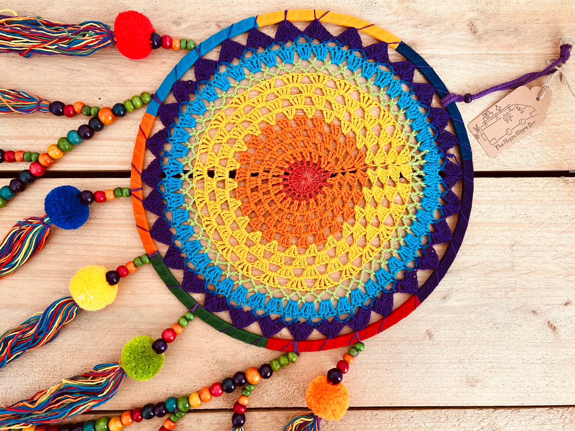 Large rainbow crochet dream catcher colourful pom pom beads dreamcatcher extra large long hanging boho hippie home decor dream catcher colourful vibrant rainbow living room, bedroom decor gift