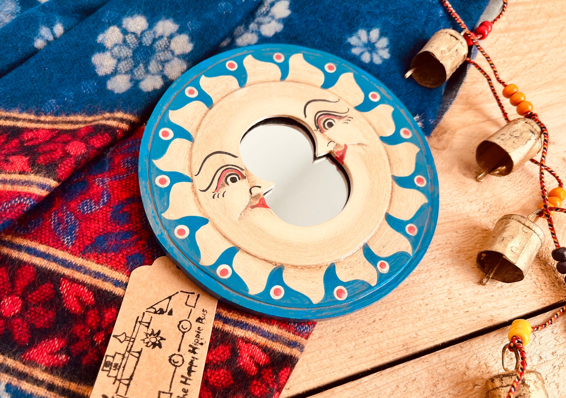 celestial moon mini wooden hanging wall mirror, handmade, fair trade blue & gold round mirror, boho hippie mindful home decor