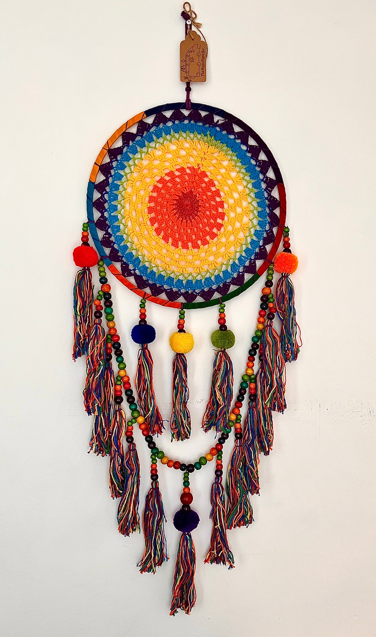 Large rainbow crochet dream catcher colourful pom pom beads dreamcatcher extra large long hanging boho hippie home decor dream catcher colourful vibrant rainbow living room, bedroom decor gift