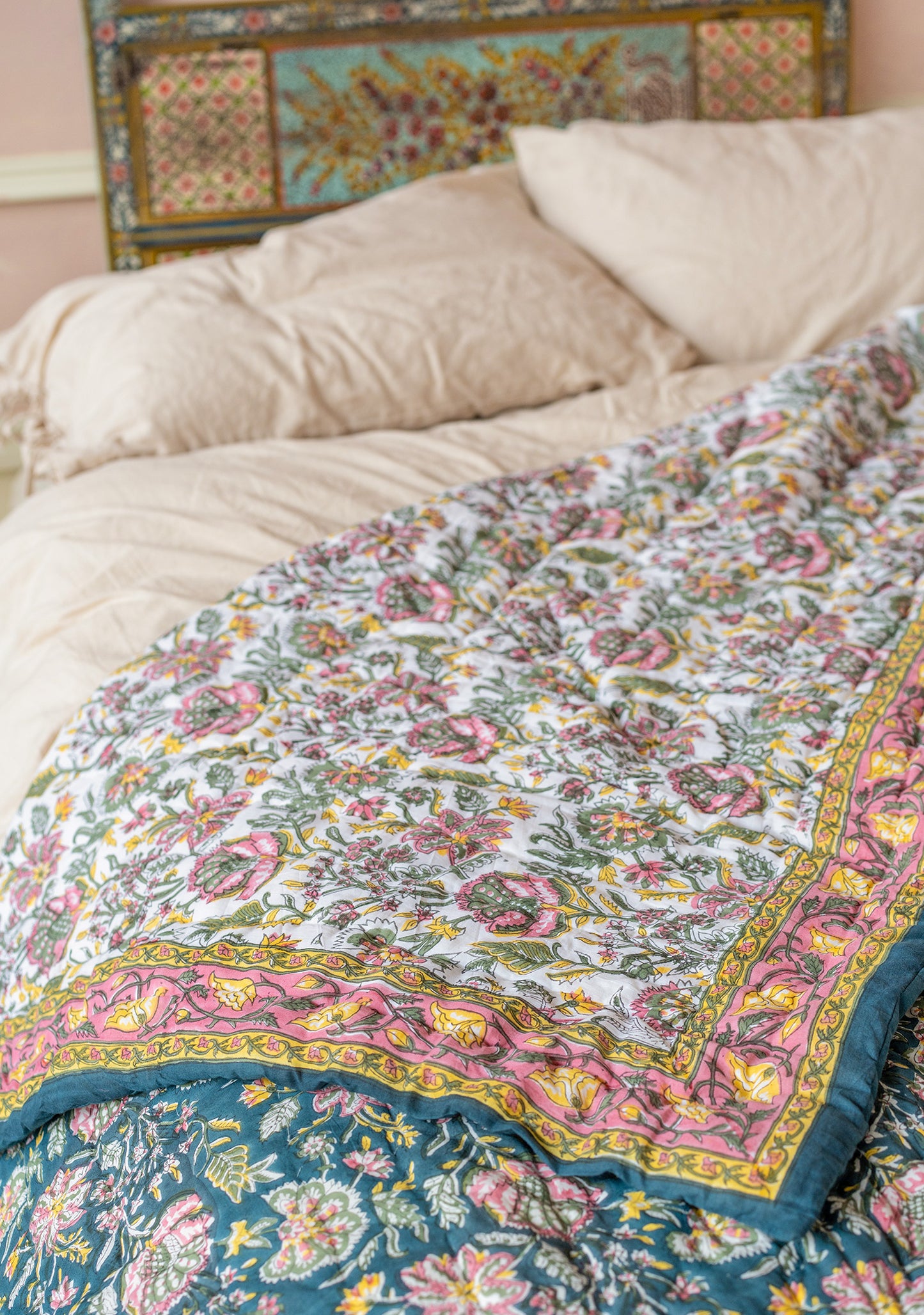 Handmade pink floral bedspread bohemian cover throw 