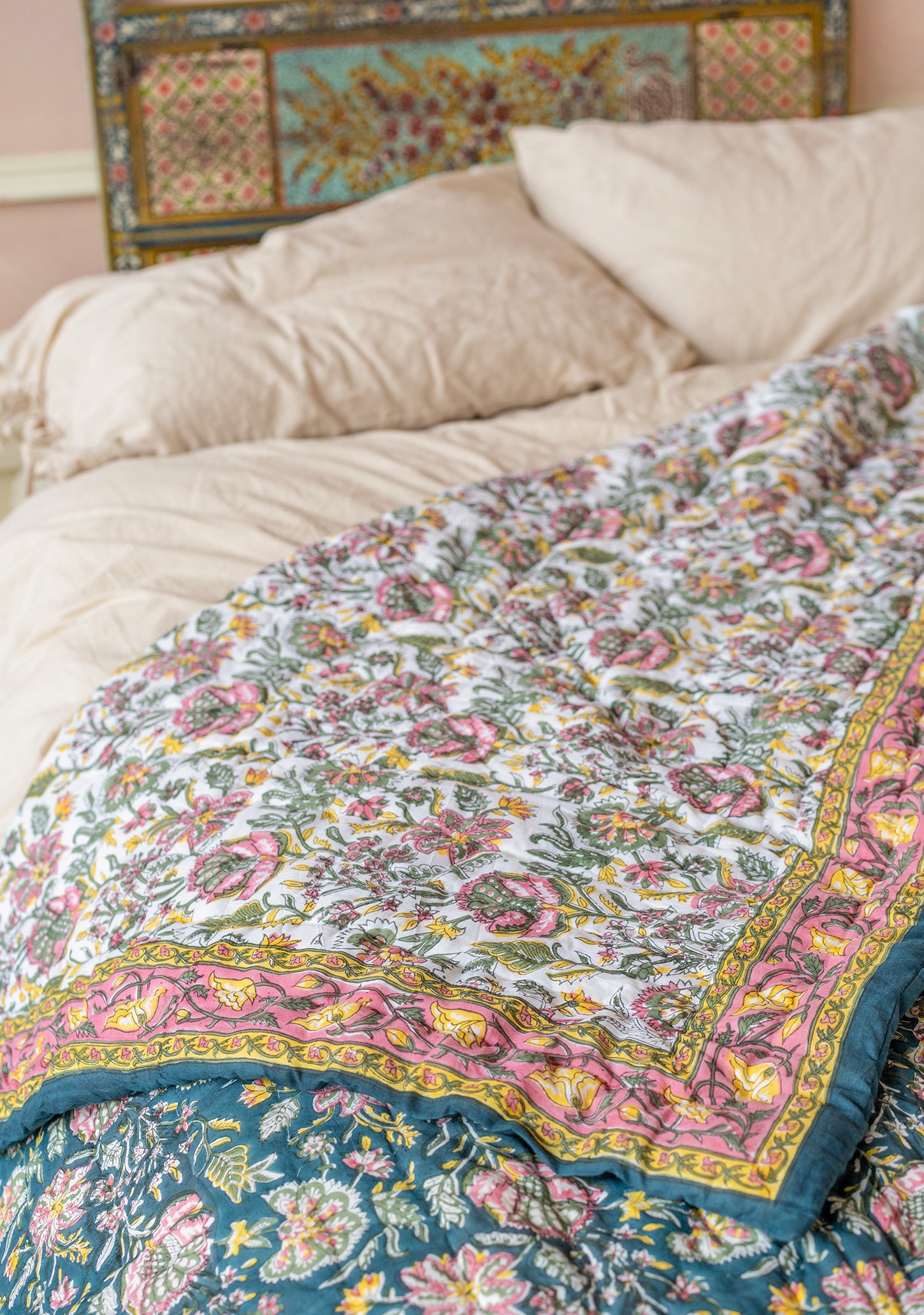 Handmade pink floral bedspread bohemian cover throw 