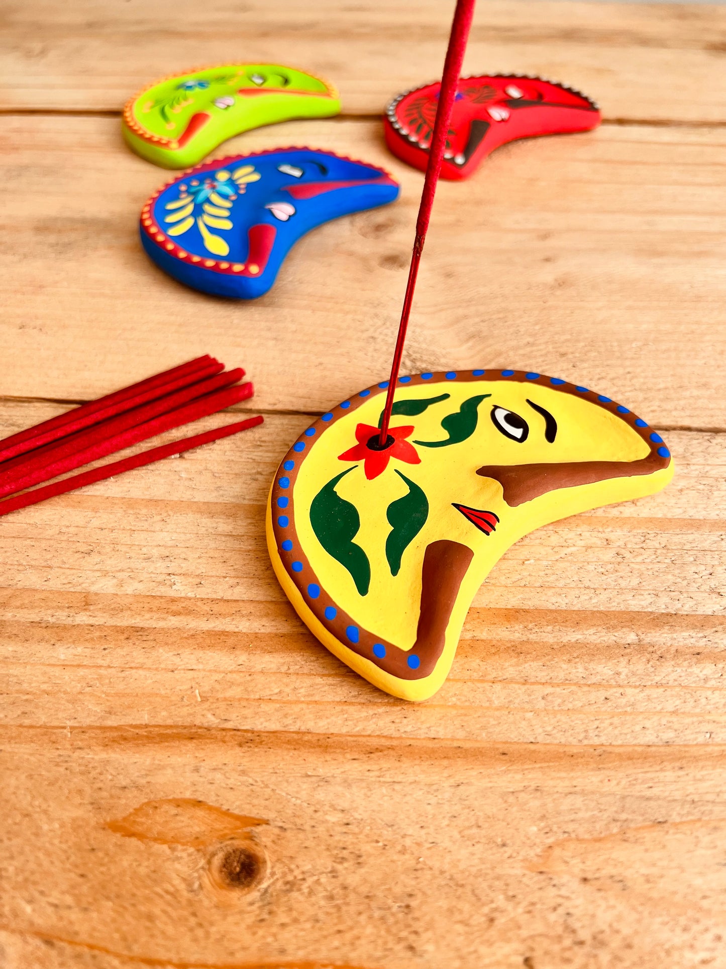 Handmade Fair Trade Crescent Moon With Face Hand Painted Incense Stick Holder Ash Catcher Clay Yellow