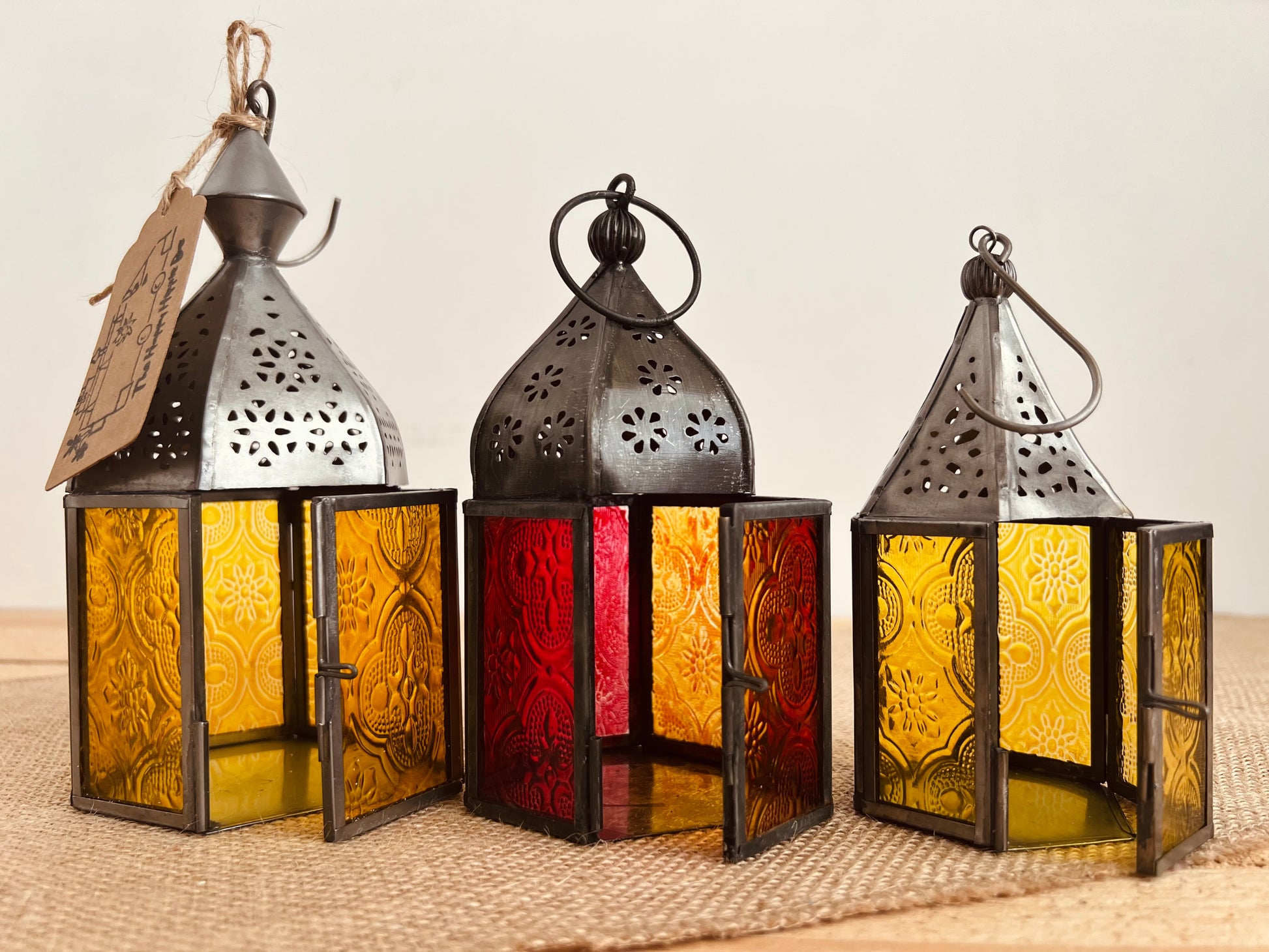 Handmade Fair Trade Ethically Sourced Bohemian Moroccan Style Lantern T Light Holder Set Of Three Yellow Orange 