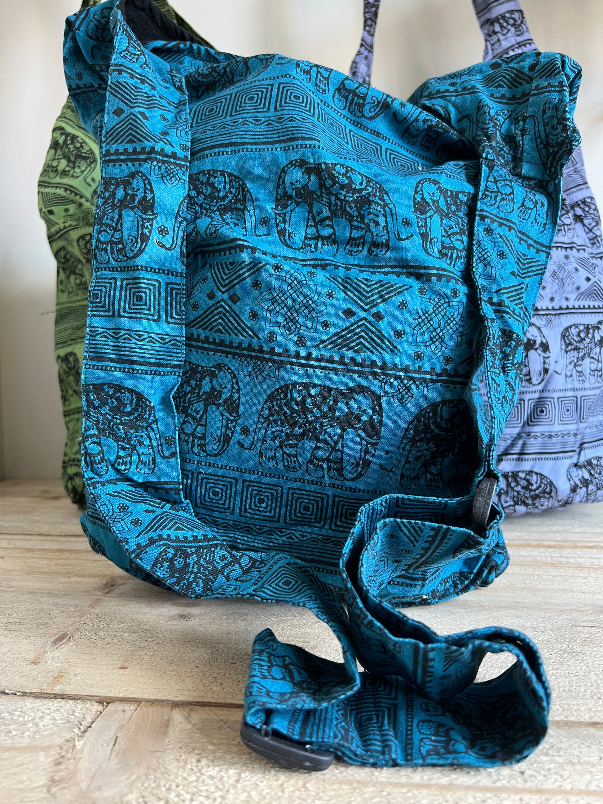 Handmade Fair Trade Elephant Print Shoulder Bag Hippie Bohemian Bag Cross Body Bag Adjustable Strap Blue