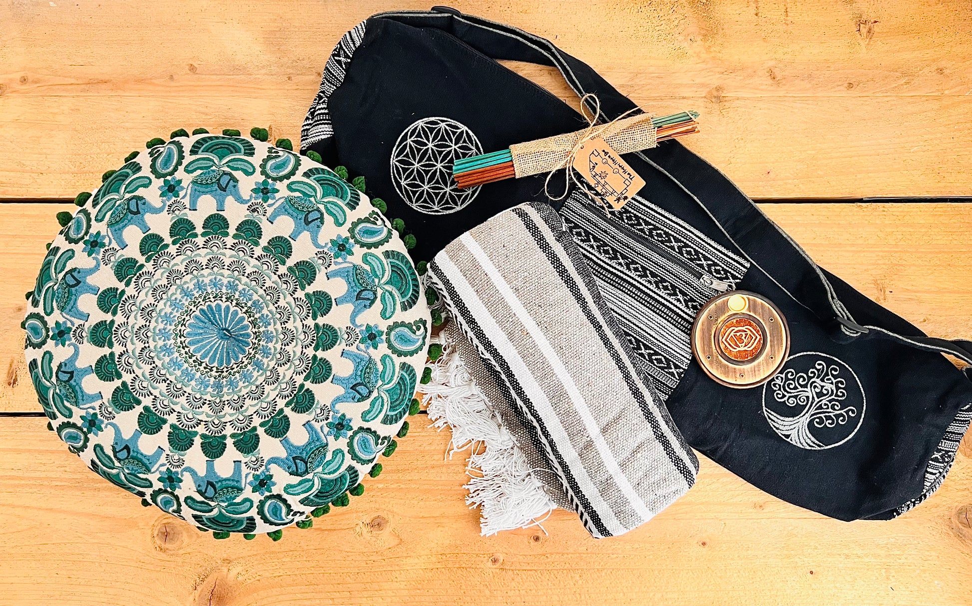 Eco-friendly handmade meditation gift set in black and teal – cushion, throw, and incense for yoga, mindfulness, and self-care
