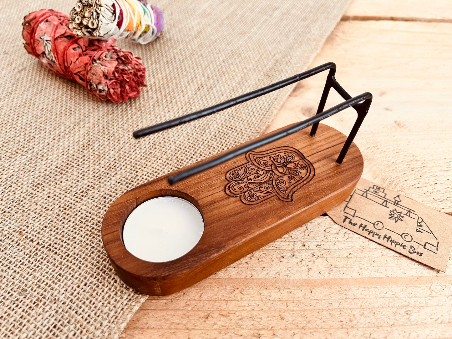 Teak wood Palo Santo smudge stick heater, hamsa hand design wooden incense heater, purifying, cleansing home fragrance 