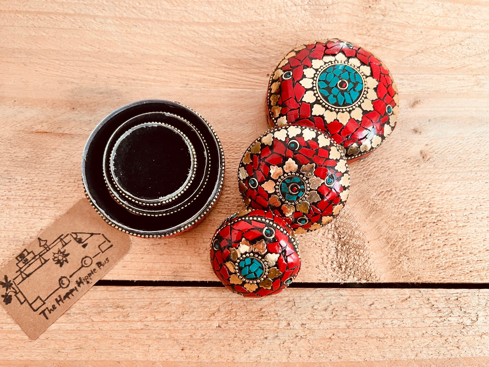 Red & Gold Mosaic Mini Trinket Boxes in three sizes showing the nesting of the Metal Boxes, Handmade Fair Trade Round Decorative Small Jewellery Storage