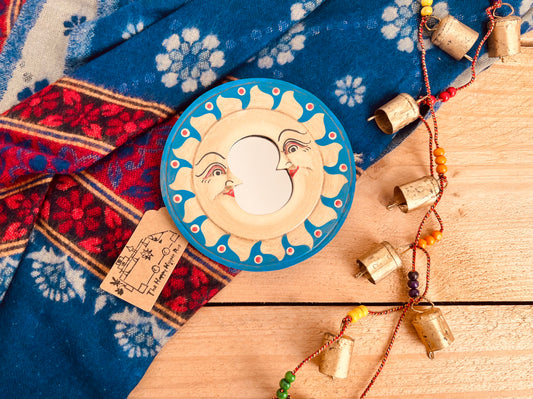 celestial moon mini wooden hanging wall mirror, handmade, fair trade blue & gold round mirror, boho hippie mindful home decor