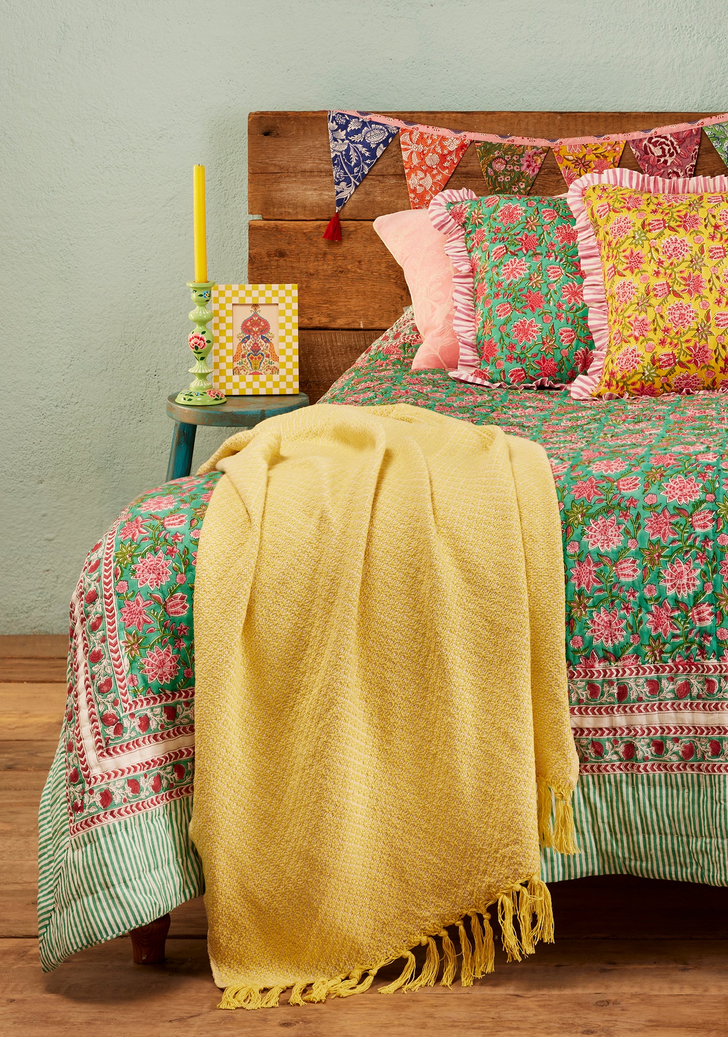 Handmade Fair Trade Ethically Sourced Bohemian Hippie Green Revers-able Bedspread  Green Pink Yellow Throw Blanket Qulit 