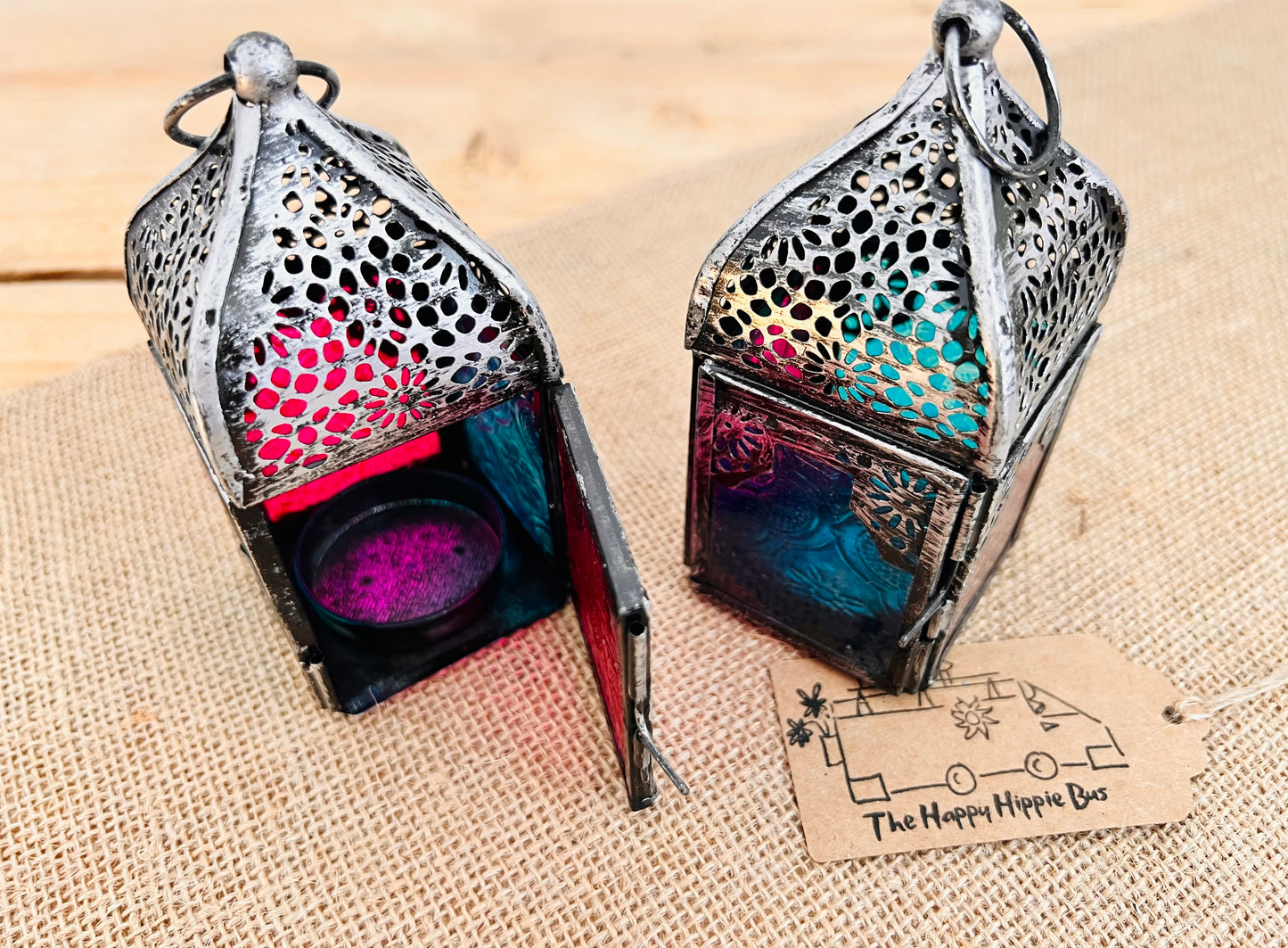 Recycled Silver Metal Moroccan Style Lantern With Pink & Turquoise Glass