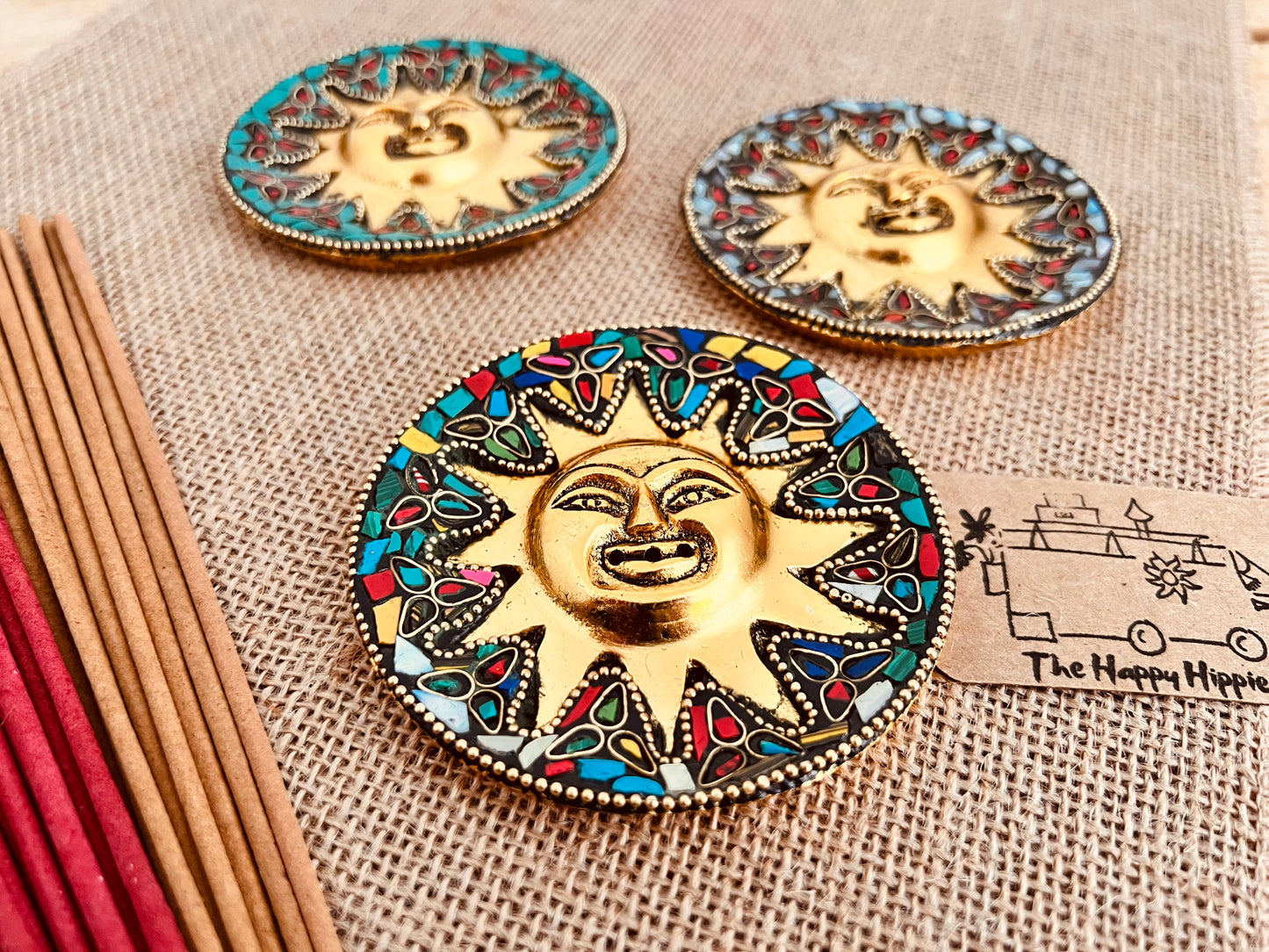 Smiling Gold Sun Incense Stick Holder Ash Catcher
