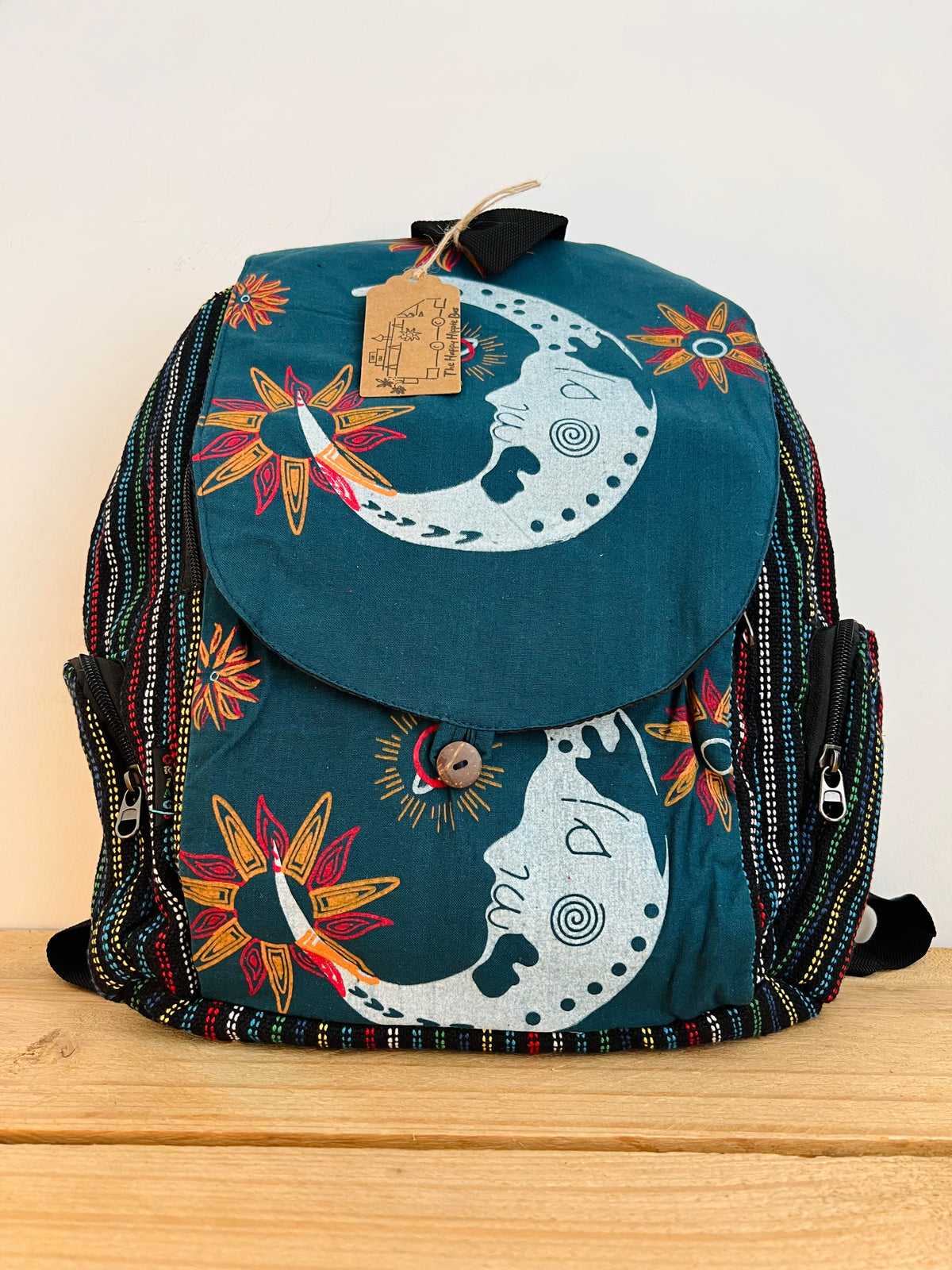 Crescent Moon Hand Printed Backpack Midnight Blue & Earth Green