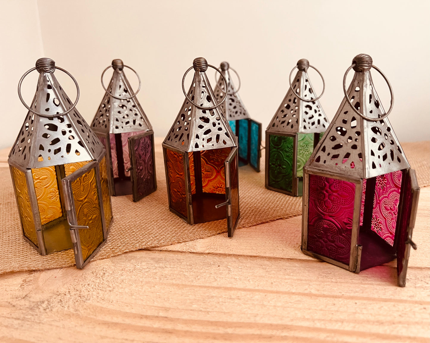 Mini stained glass Moroccan lantern tea light candle holder handmade fair trade small metal glass lantern 