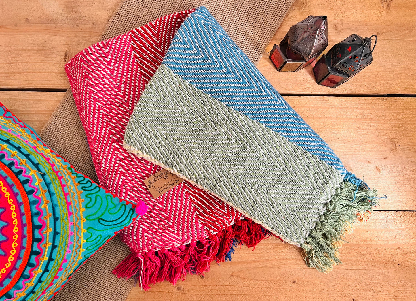 Herringbone weave handmade rainbow stripe throw blanket, colourful rainbow colour stripes with colourful tassel edge, boho hippie bohemian decor blanket throw, fair trade & ethically sourced