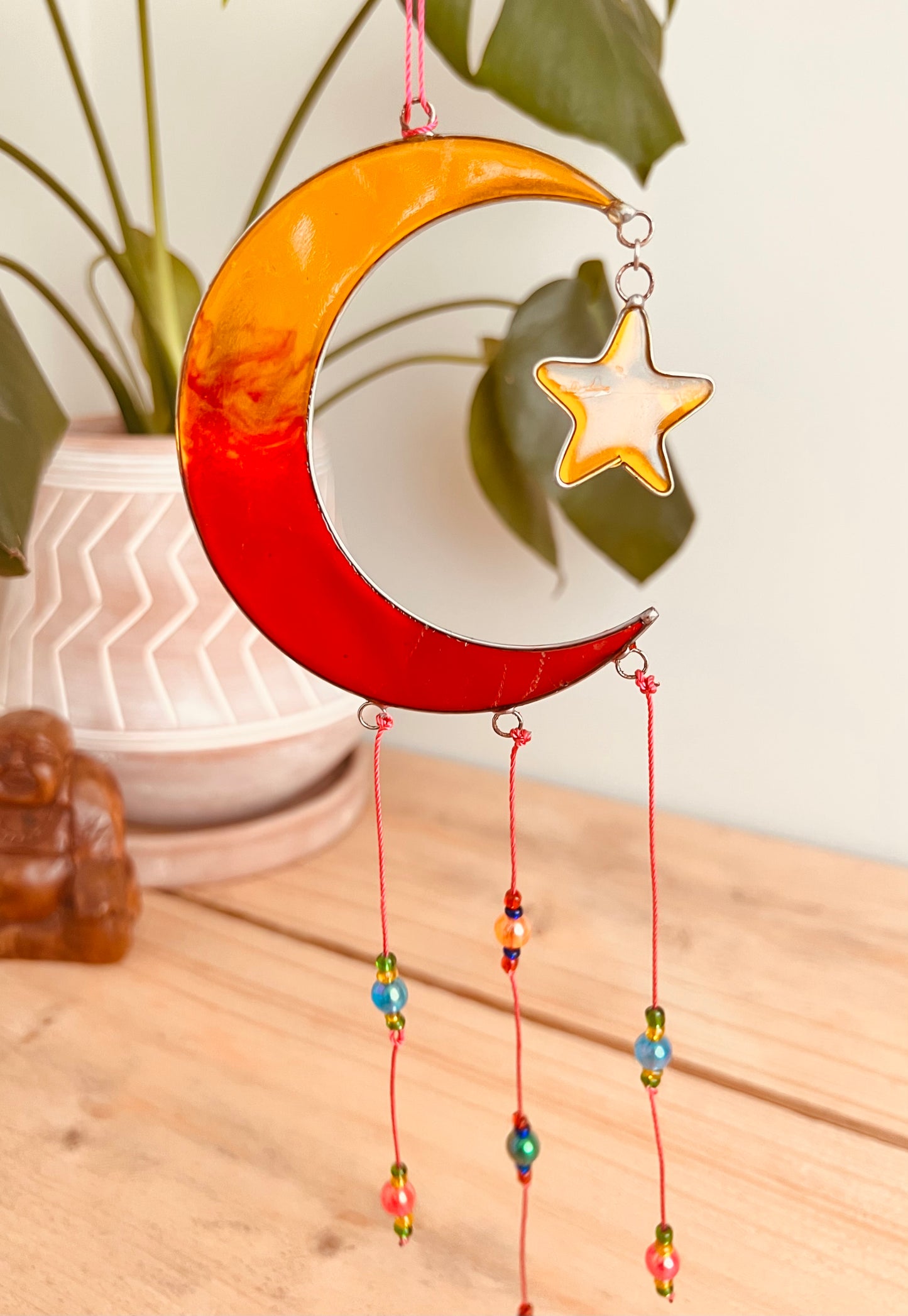 Handmade Fair Trade Crescent Moon & Star Orange & Yellow Sun catcher Boho & Hippie Window Decor  