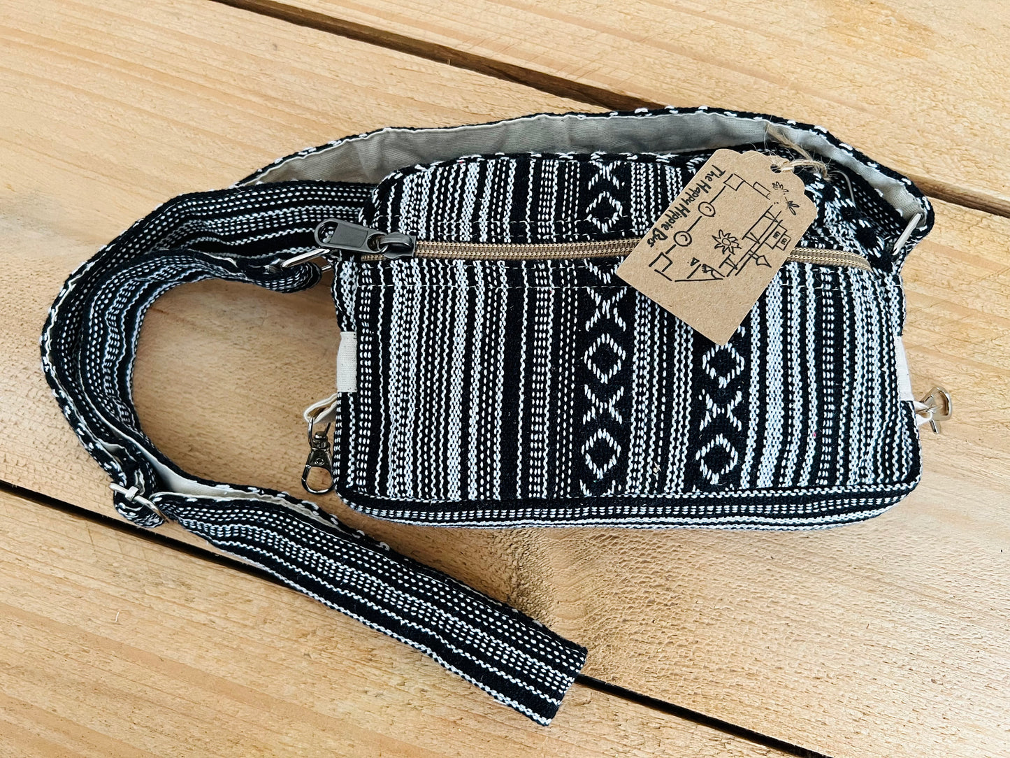 Handmade Fair Trade Ethical Bohemian Stripped Hippie Shoulder Bag Black White