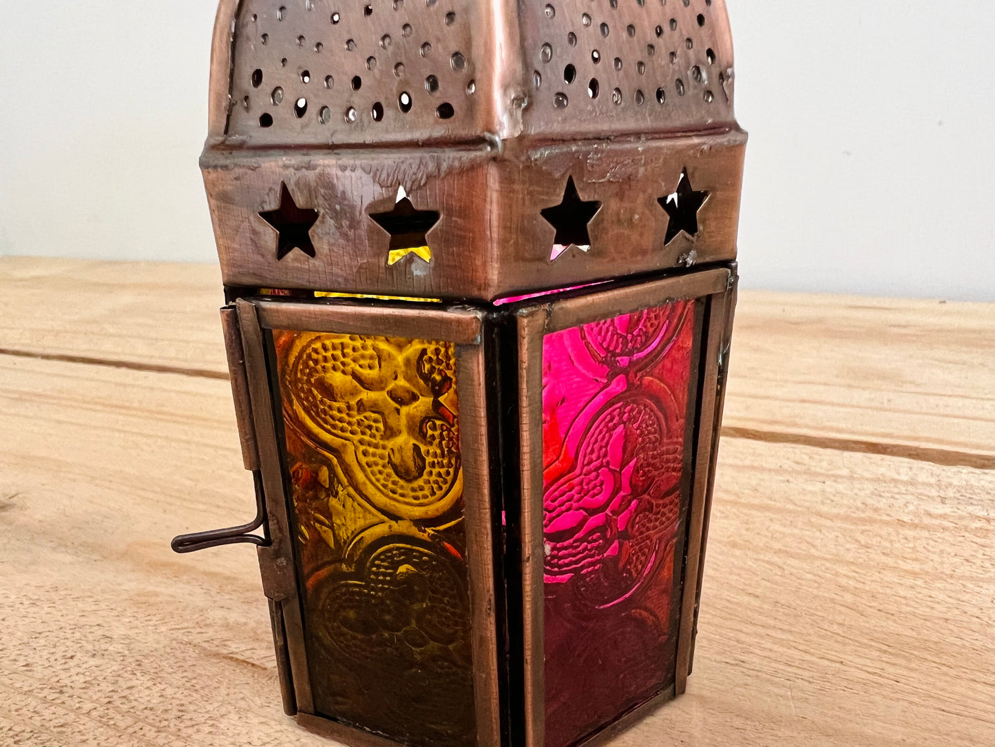 Handmade Fair Trade Pink & Yellow Copper Moroccan Style Lantern Bohemian Hippie T Light Holder Star Pattern 