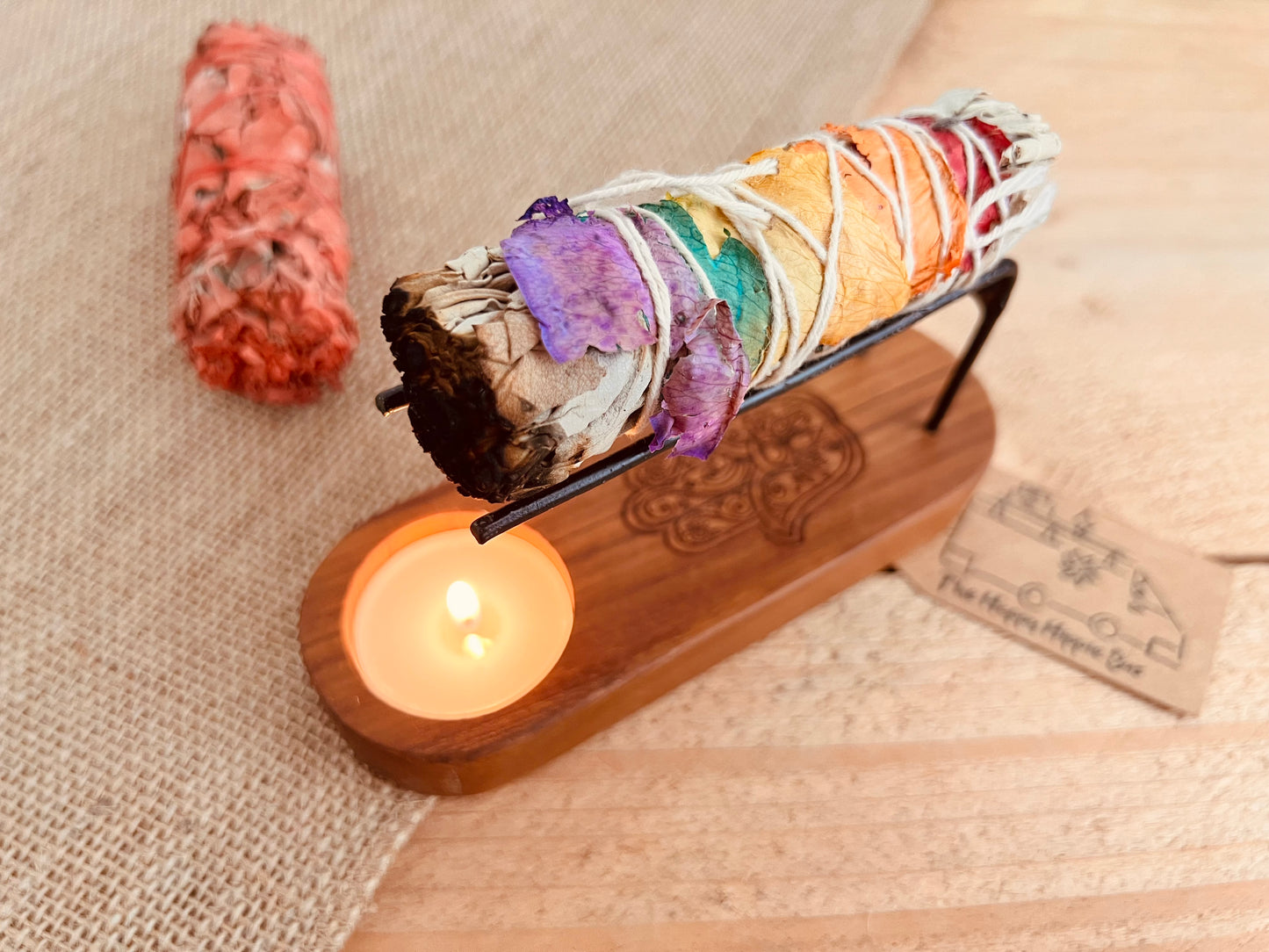 Teak wood Palo Santo smudge stick heater candle holding heater, hamsa hand design wooden incense heater, purifying, cleansing home fragrance 