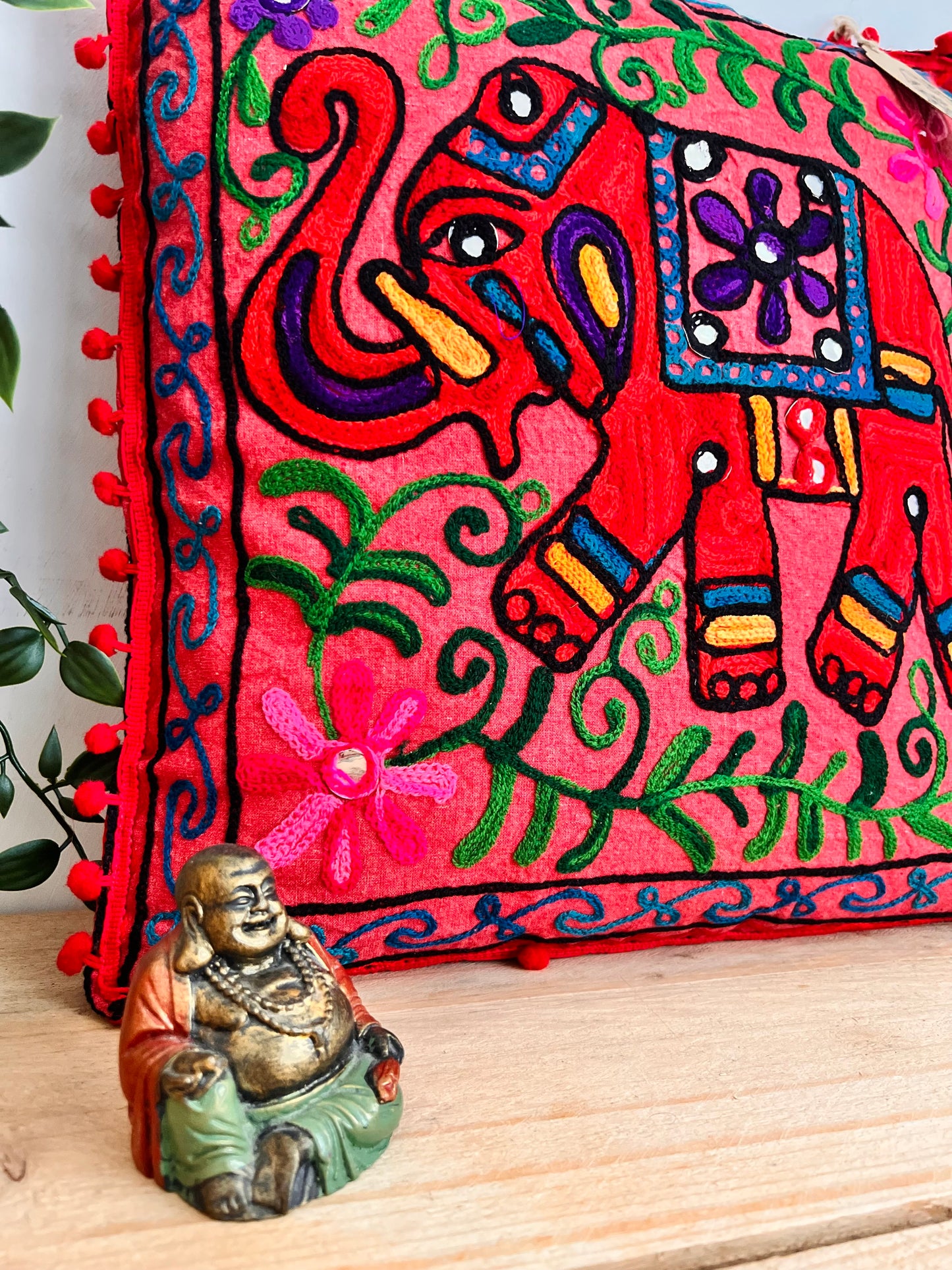 Handmade Embroidered Bohemian Elepahnt Pink Purple Hippie Cushion Cover With Pom Pom Edge Fair Trade Ethically Sourced Handmade