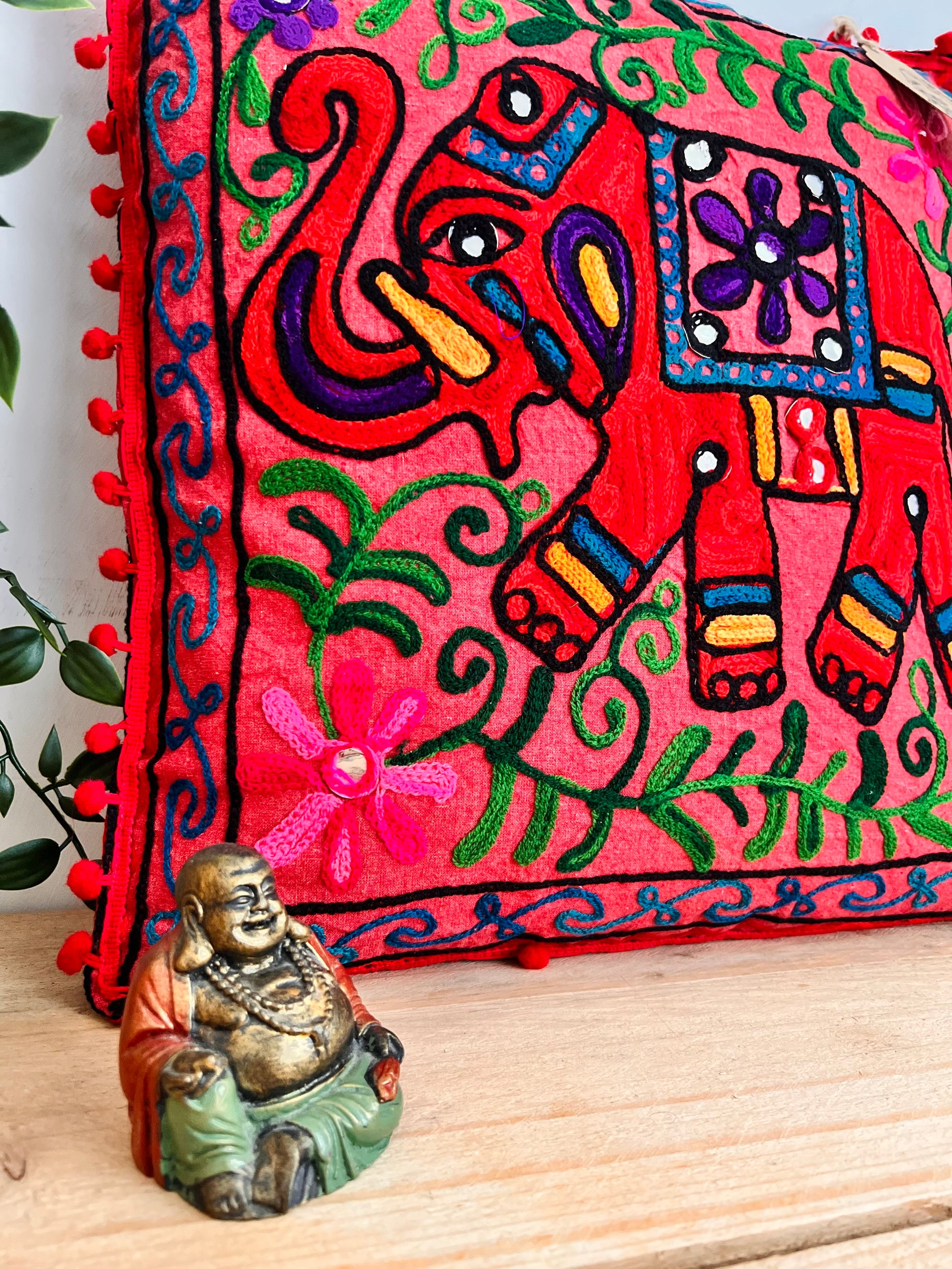 Handmade Embroidered Bohemian Elepahnt Pink Purple Hippie Cushion Cover With Pom Pom Edge Fair Trade Ethically Sourced Handmade