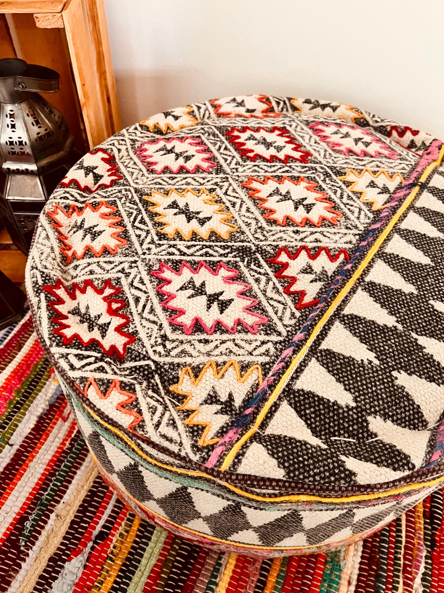 Handmade Fair Trade ethically sourced bohemian large footstool pouffe grey diamond with yellow pink red