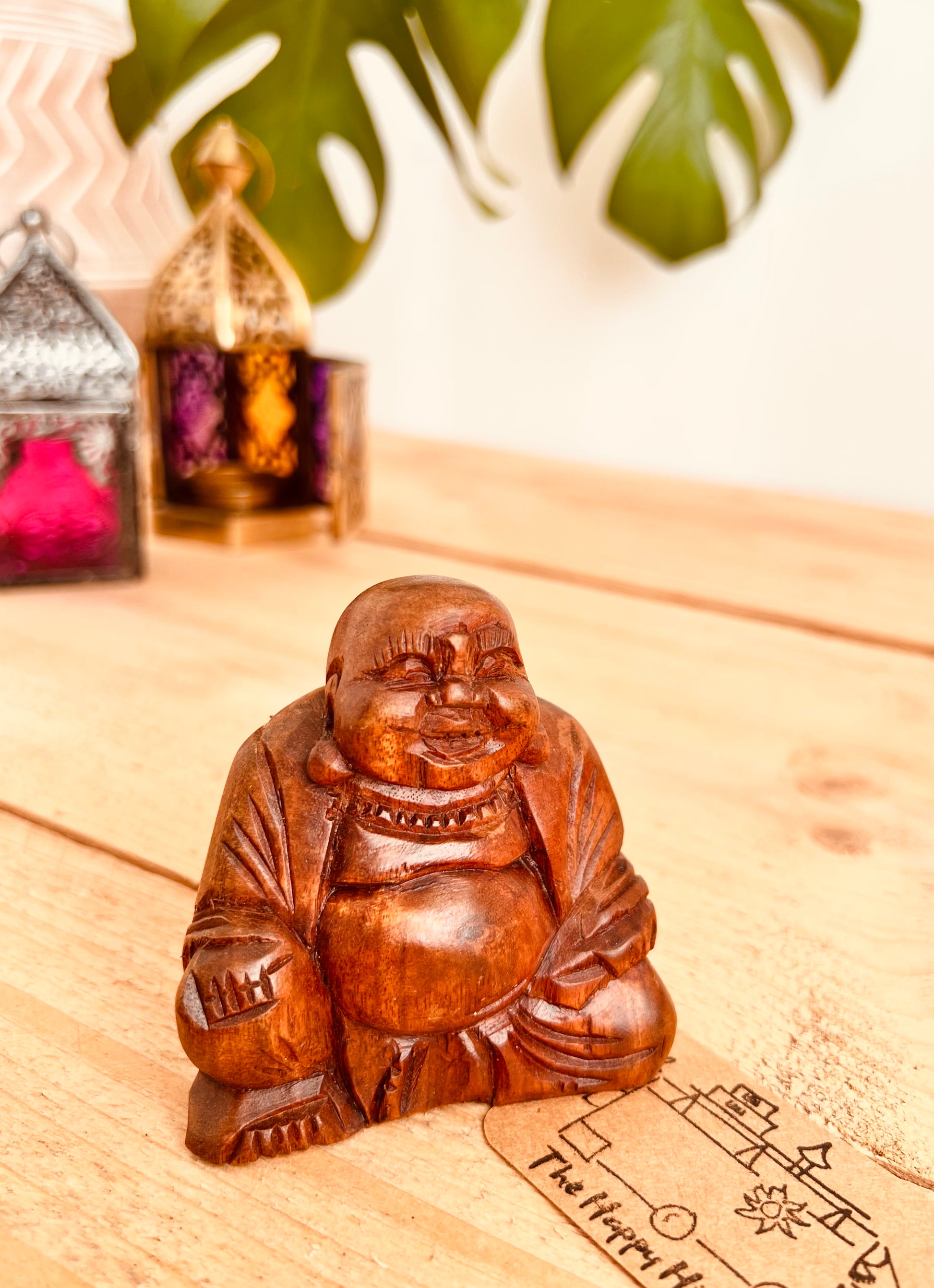 Handmade fair trade carved wooden mini Buddha statue ornament, boho hippie home decor laughing good luck spiritual Buddha home decor mini statue 