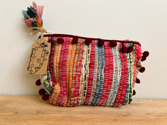 Handmade Fair Trade Recycled Sari Make Up Case Coin Purse Rainbow With Pom Pom Edge 