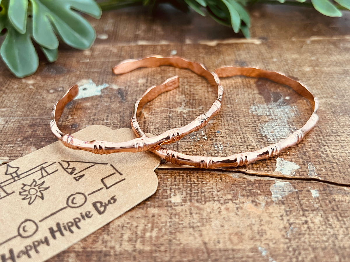 Handcrafted Solid Copper Slim Cuff Bracelet - Bamboo Style Design