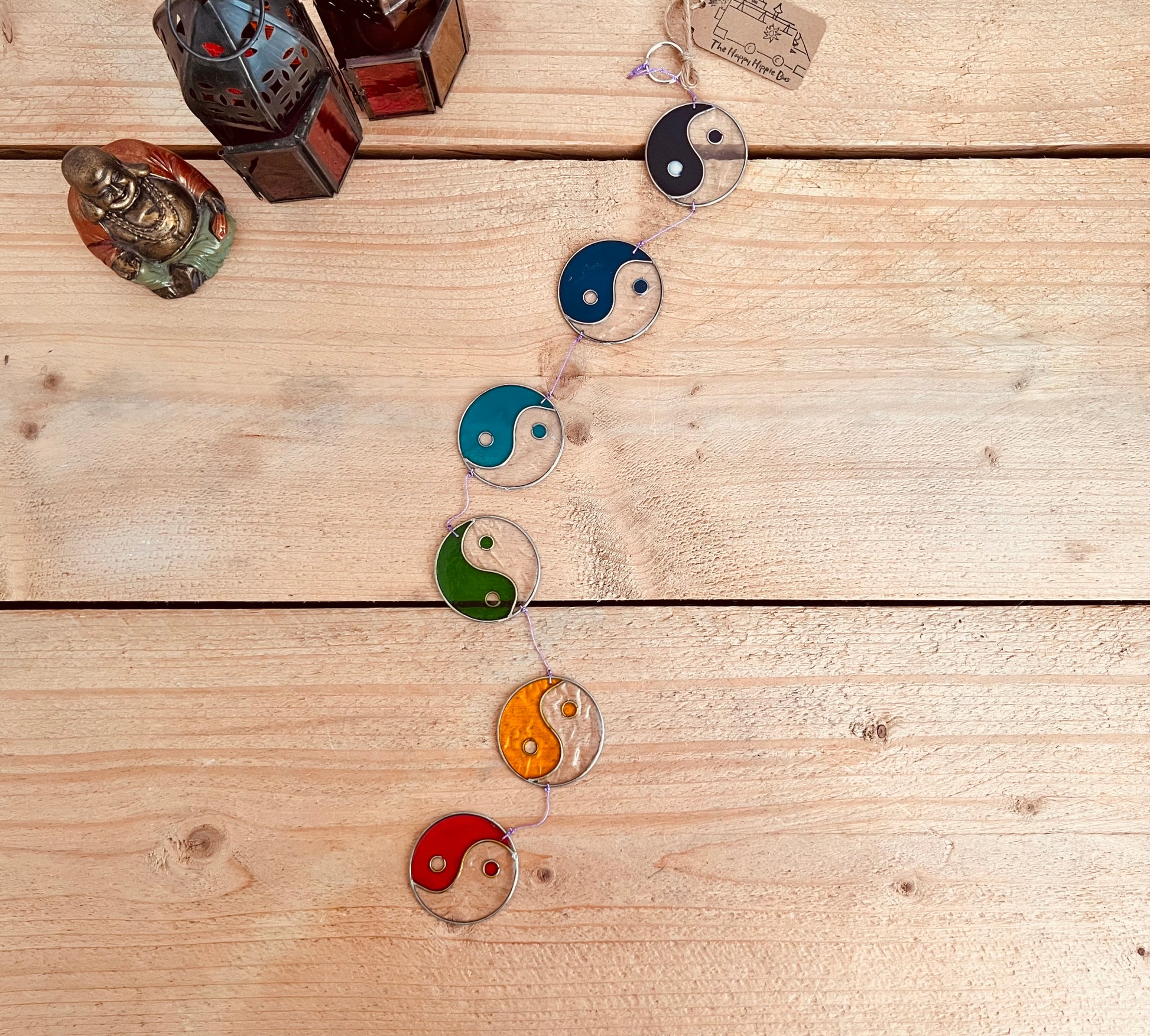 Decorative stained glass yin yang sun catcher with chakra rainbow design for positive energy
