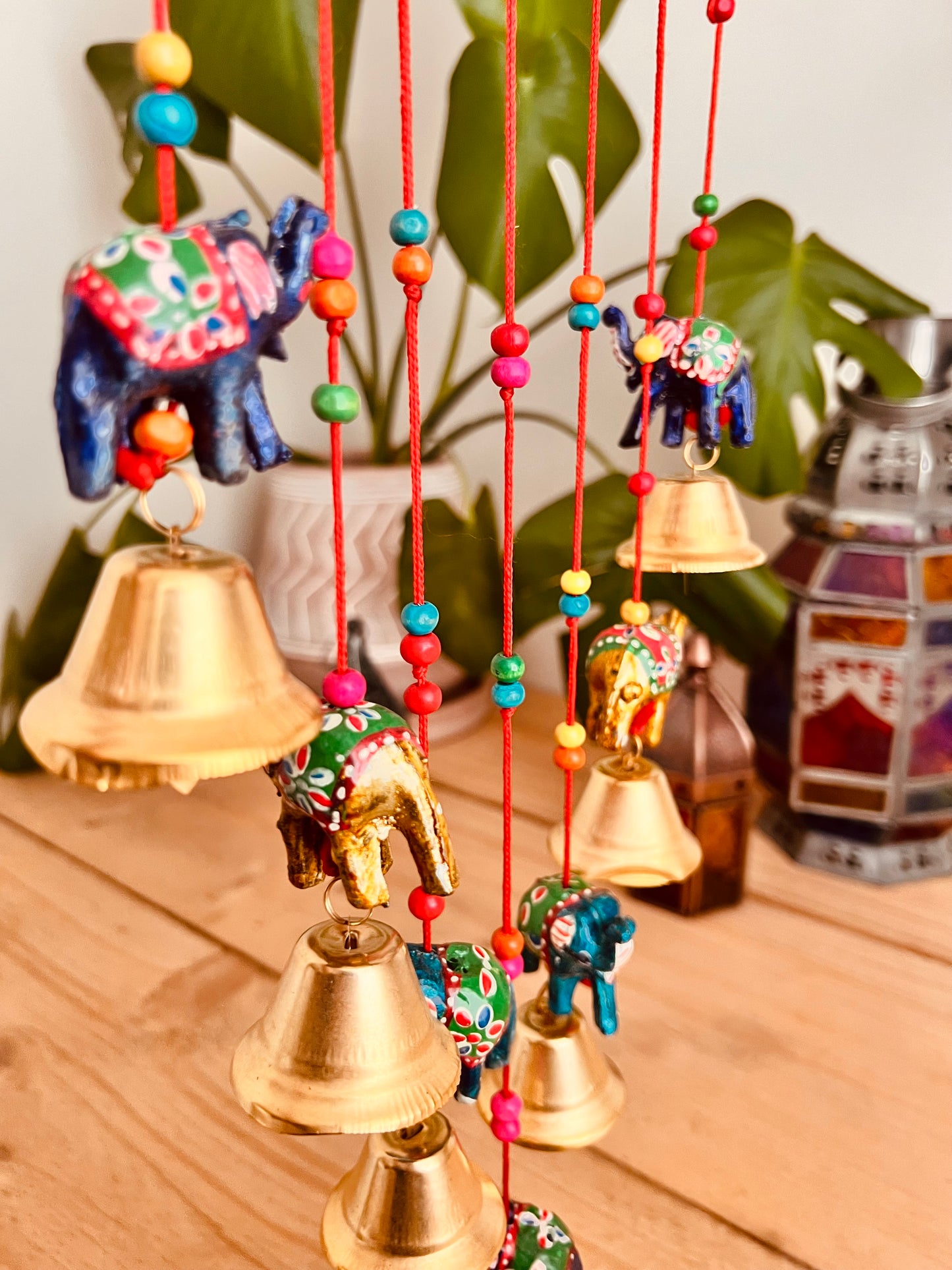 Handmade fair trade ethically sourced Indian elephant wind chime hanging mobile bells multicoloured bell decoration boho hippie home decor 