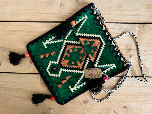 Forest Green & Orange Turkish Kilim Shoulder Bag Handmade Fair Trade Bohemian Hippie Bag