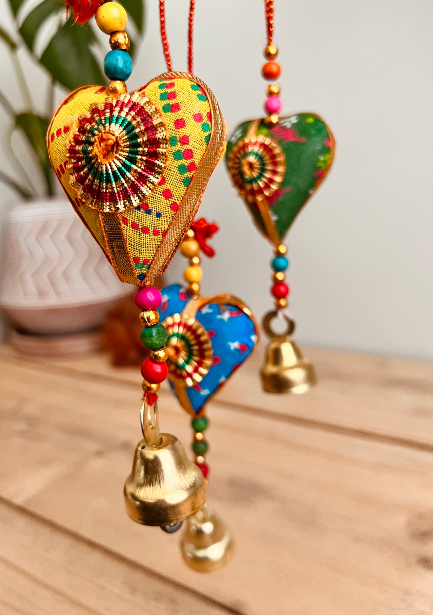 Handmade & Fair Trade Fabric Heart Bell In Recycled Sari Material Hippie Bohemian Decor