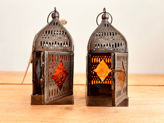 Handmade Faire Trade Ethically Sourced Bohemian Hippie Moroccan Style Lantern Silver Orange Blue T Light Holder Mini Gift Hanging Decor Unique Recycled Metal Eco Plastic Free