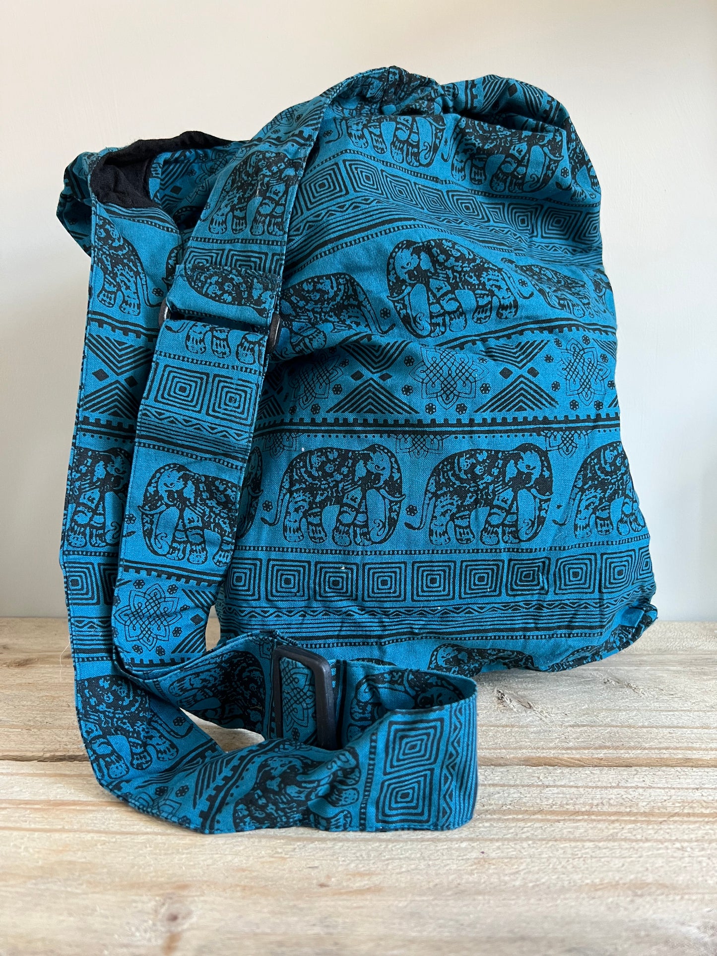 Handmade Fair Trade Elephant Print Shoulder Bag Hippie Bohemian Bag Cross Body Bag Adjustable Strap Petrol Blue