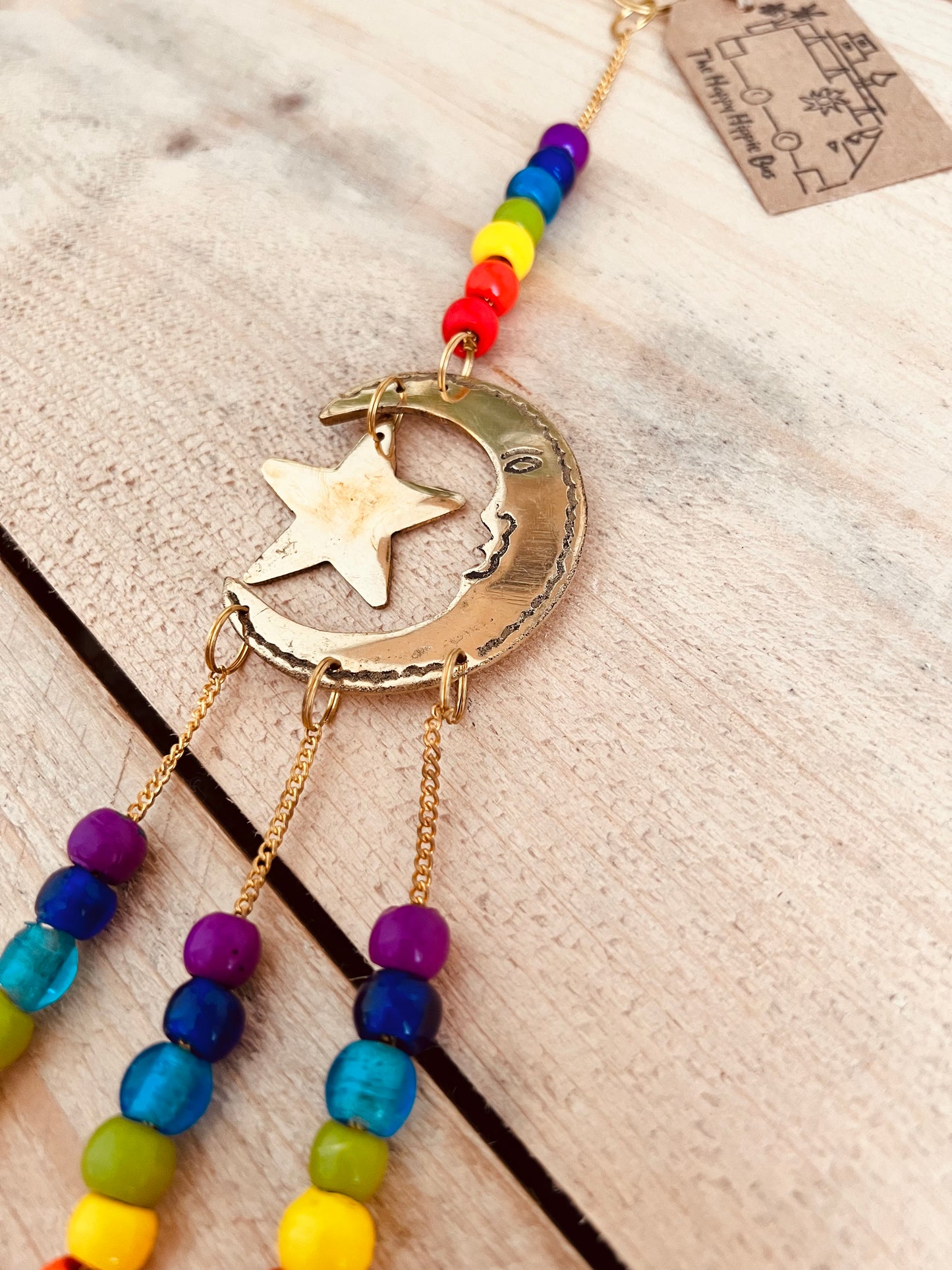 Handmade & Fair Trade Crescent Moon & Star Chakra Beads With Bells Hippie Wind Chime