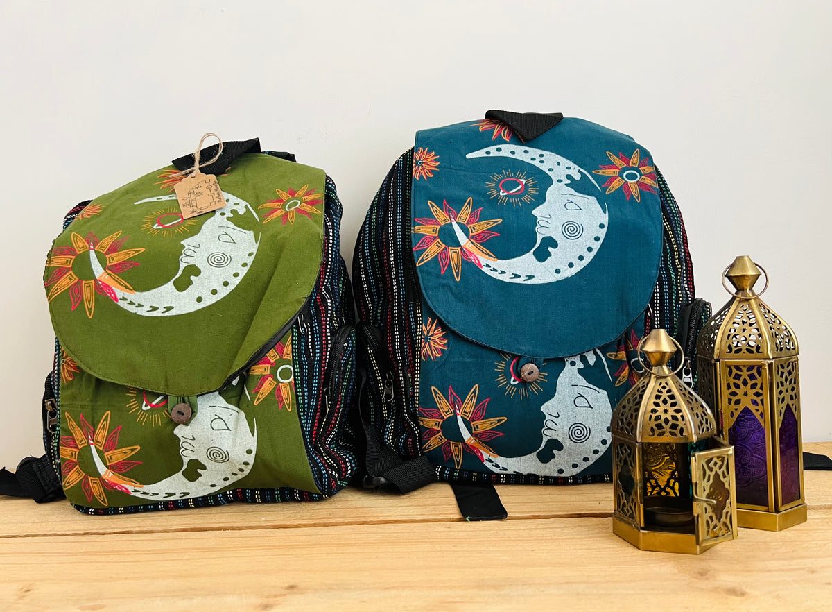 Crescent Moon Hand Printed Backpack Midnight Blue & Earth Green