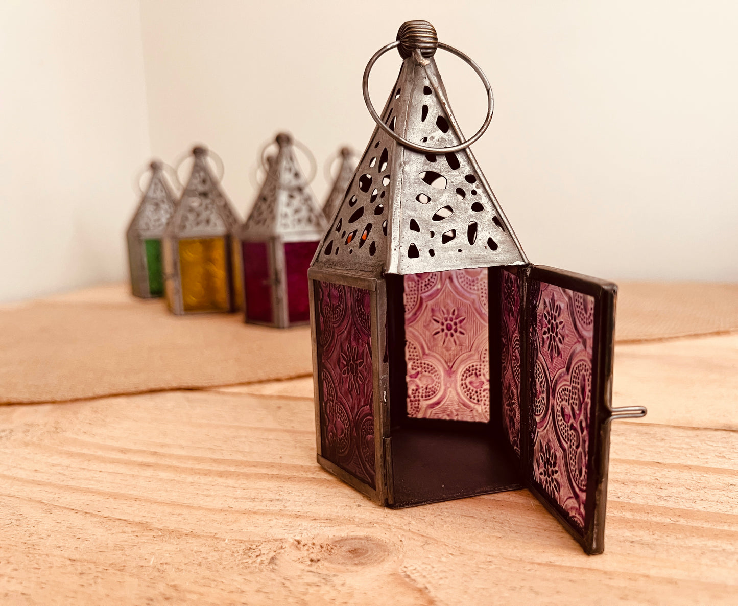 Mini stained glass Moroccan lantern tea light candle holder handmade fair trade small metal glass lantern 