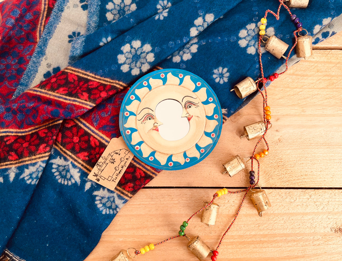 celestial moon mini wooden hanging wall mirror, handmade, fair trade blue & gold round mirror, boho hippie mindful home decor