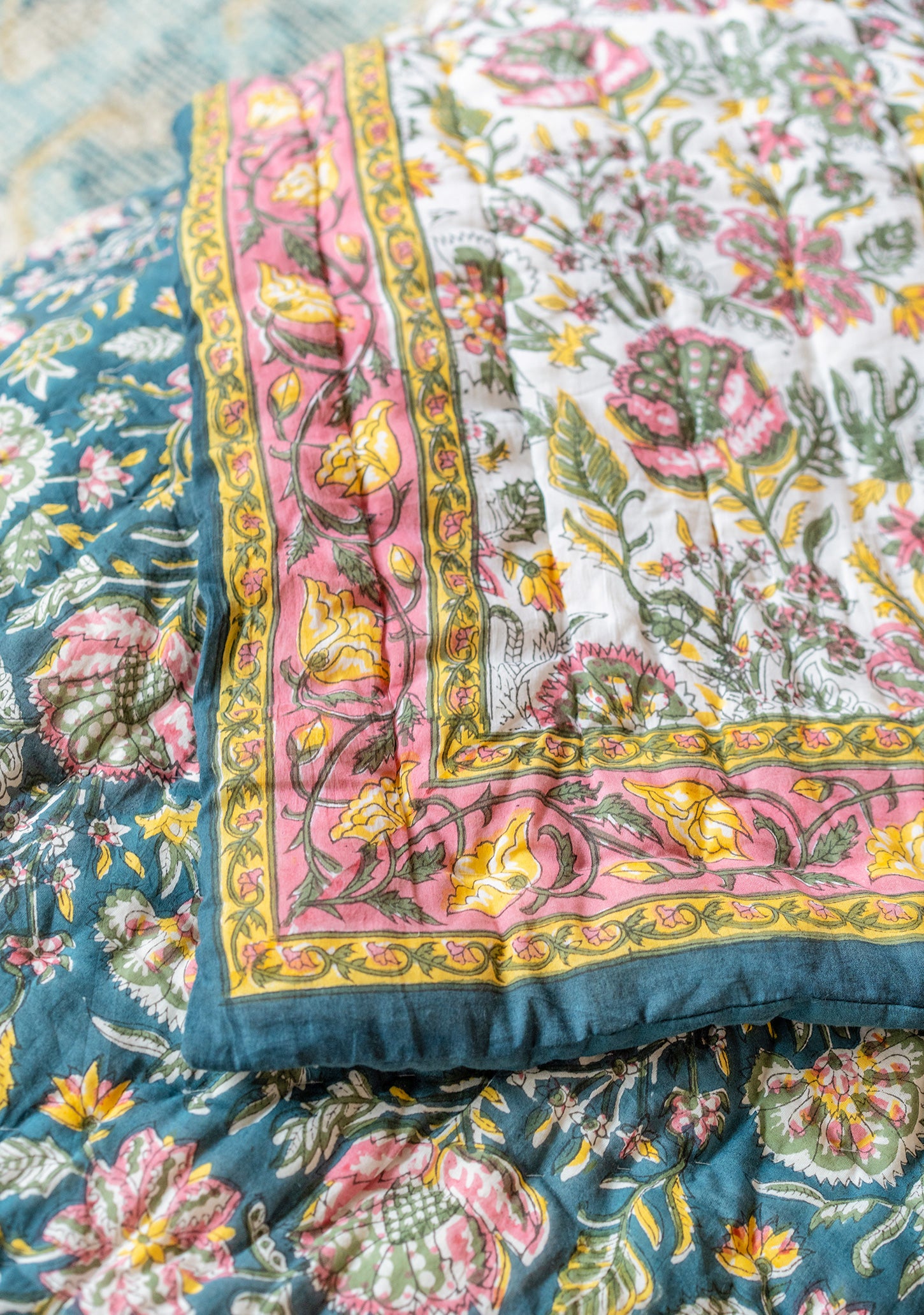 Handmade floral vintage bedspread blue 