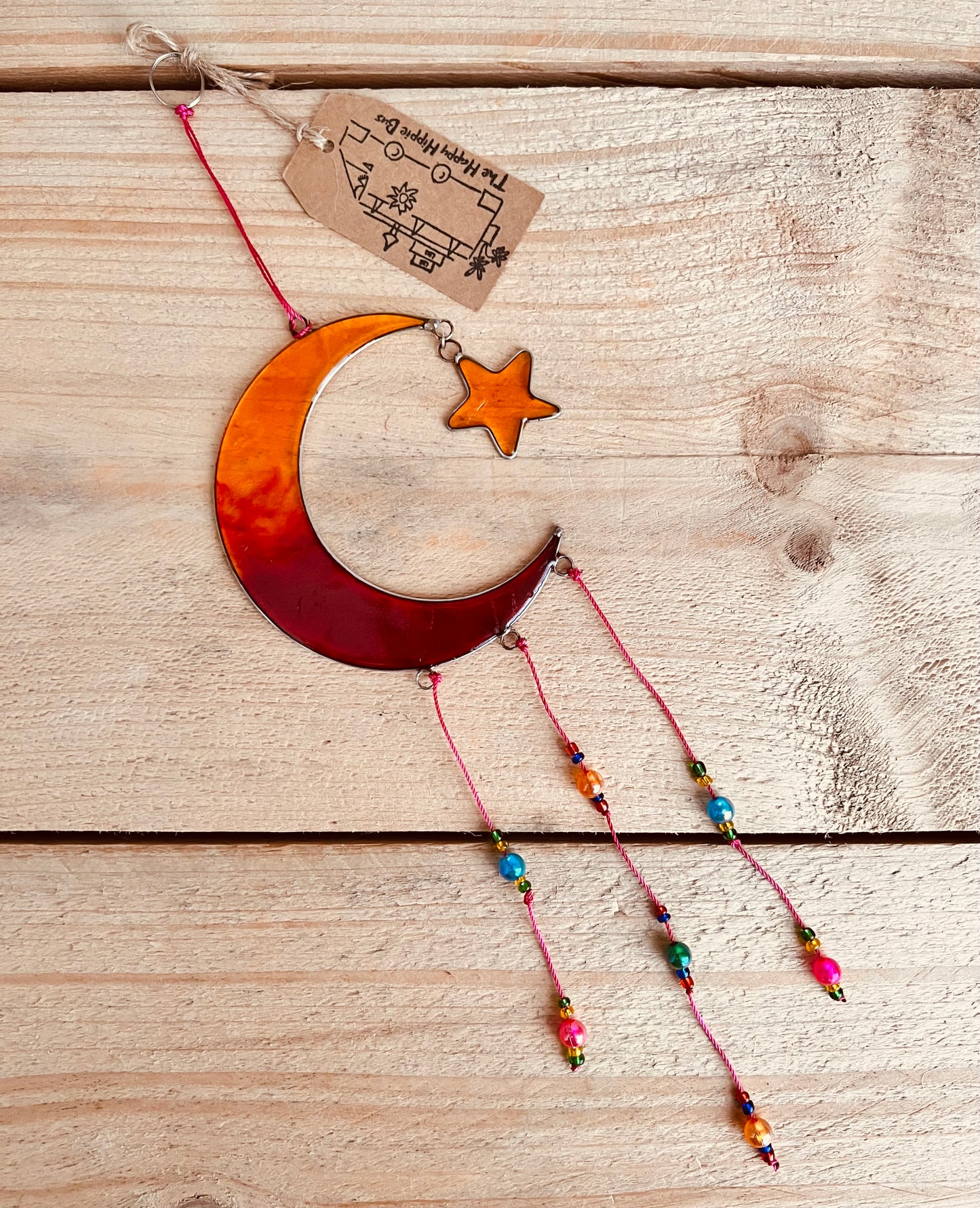 Handmade Fair Trade Crescent Moon & Star Orange & Yellow Sun catcher Boho & Hippie Window Decor  