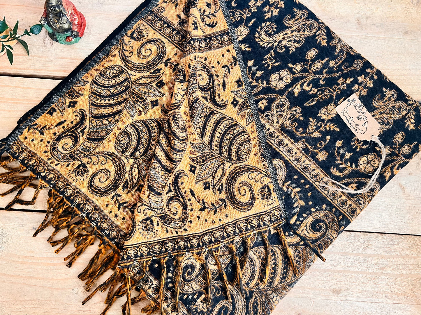 Handmade tassel boho scarf black gold hippie blanket 