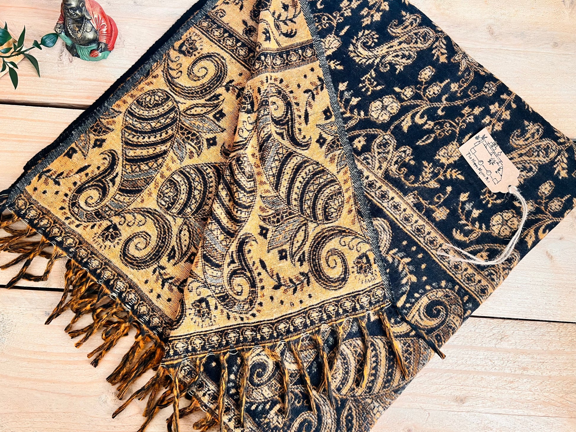 Handmade tassel boho scarf black gold hippie blanket 