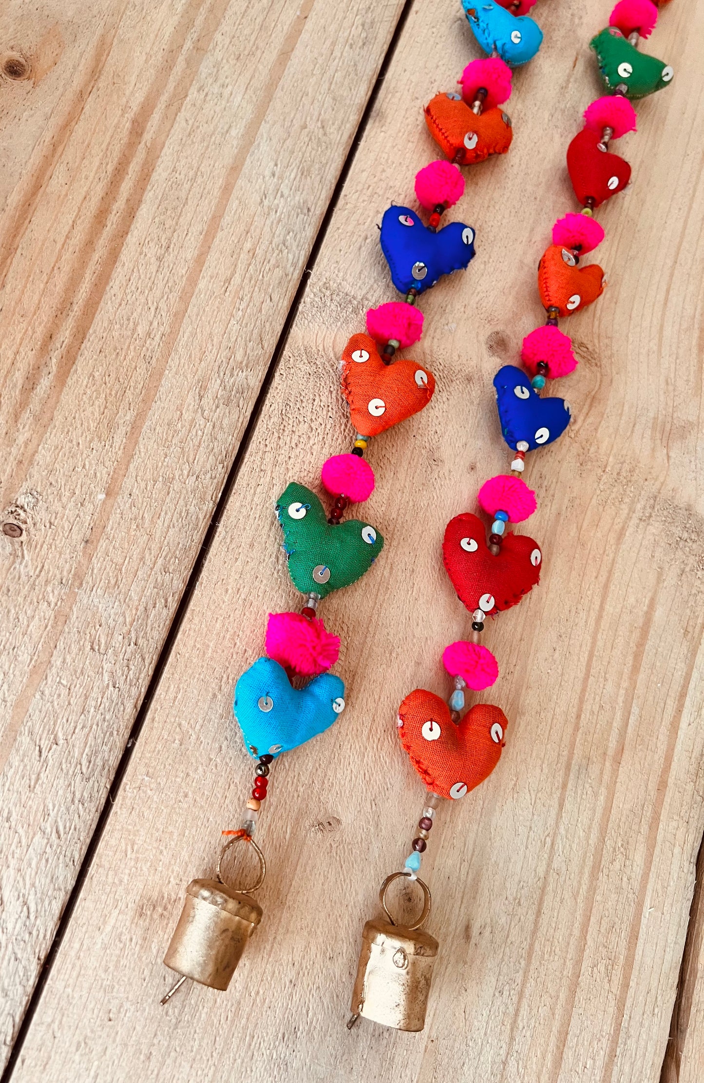 Handmade mini fabric tota heart bells and mini Pom Pom hanging decorative bells handmade, fair trade & ethically sourced Indian bells